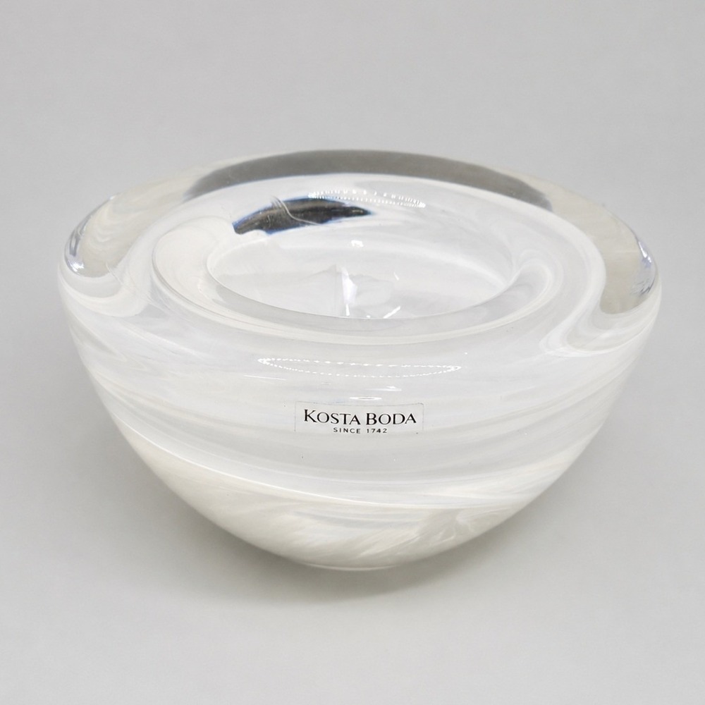 Kosta Boda Atoll White Swirl Art Glass Votive Candle Holder Bowl Sweden
